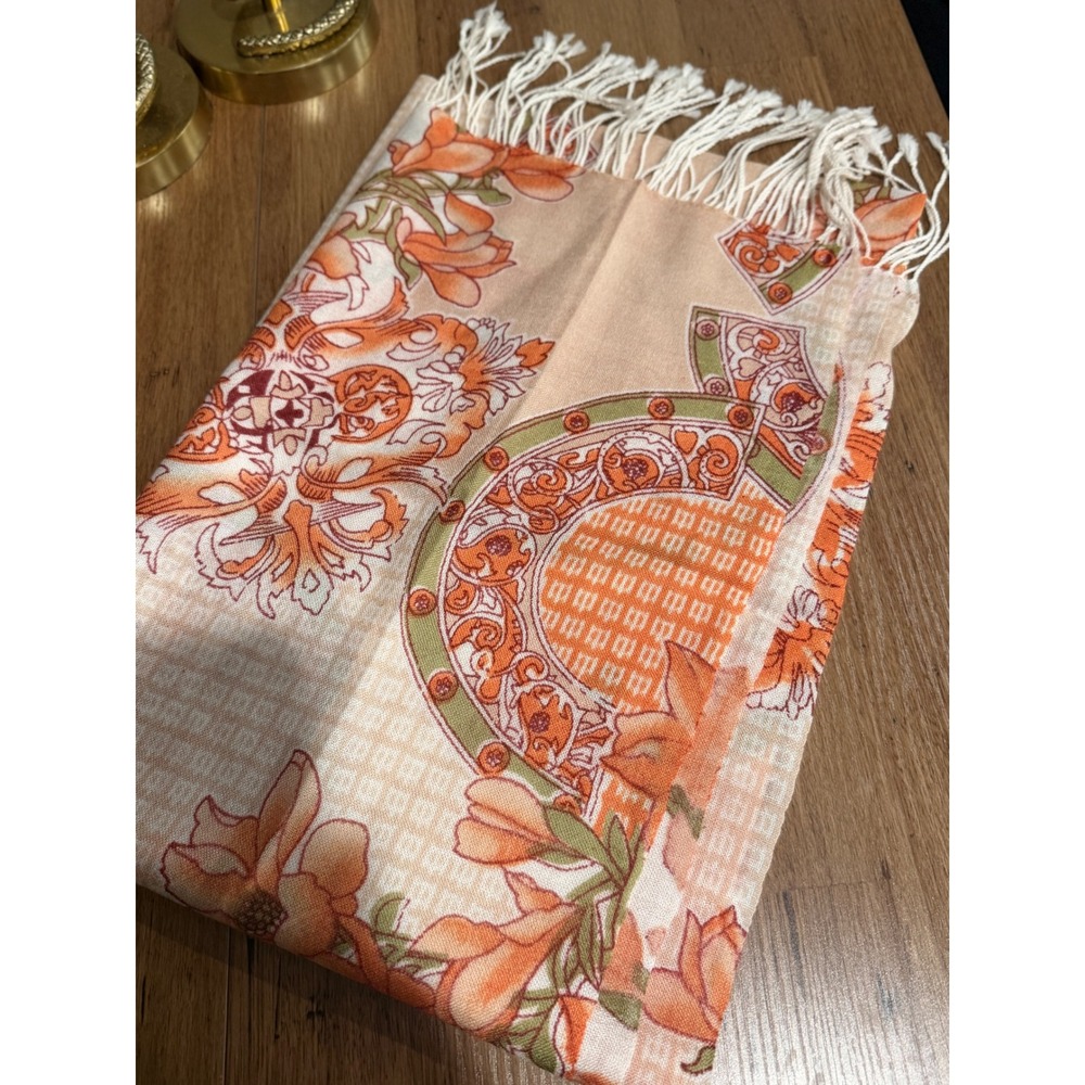 Vintage Pashmina Floral Medallion Scarf Orange Peach Sage Green Fringe Shawl - Picture 4 of 5